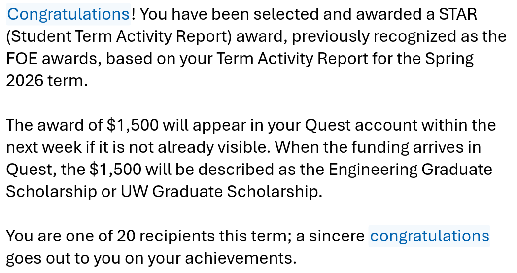 STAR Award Notification — Spring 2026